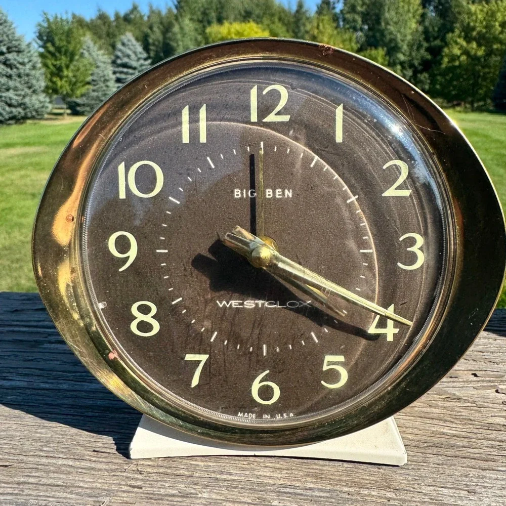 Westclox Big Ben Alarm Clock Black Face Brass Bezel Made in USA Vtg MCM Prop